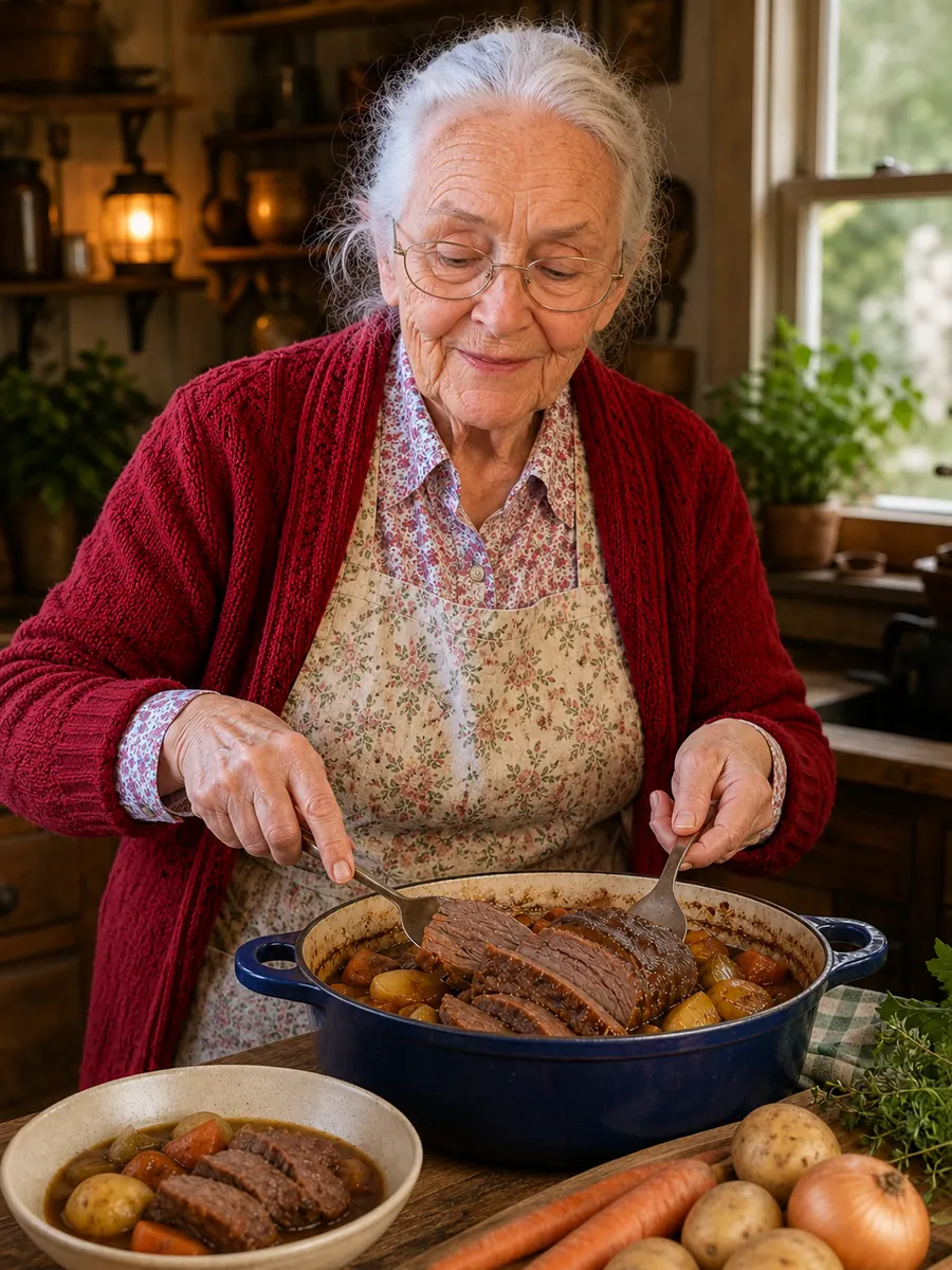 Frannie serving a pot roast that feeds a family all week